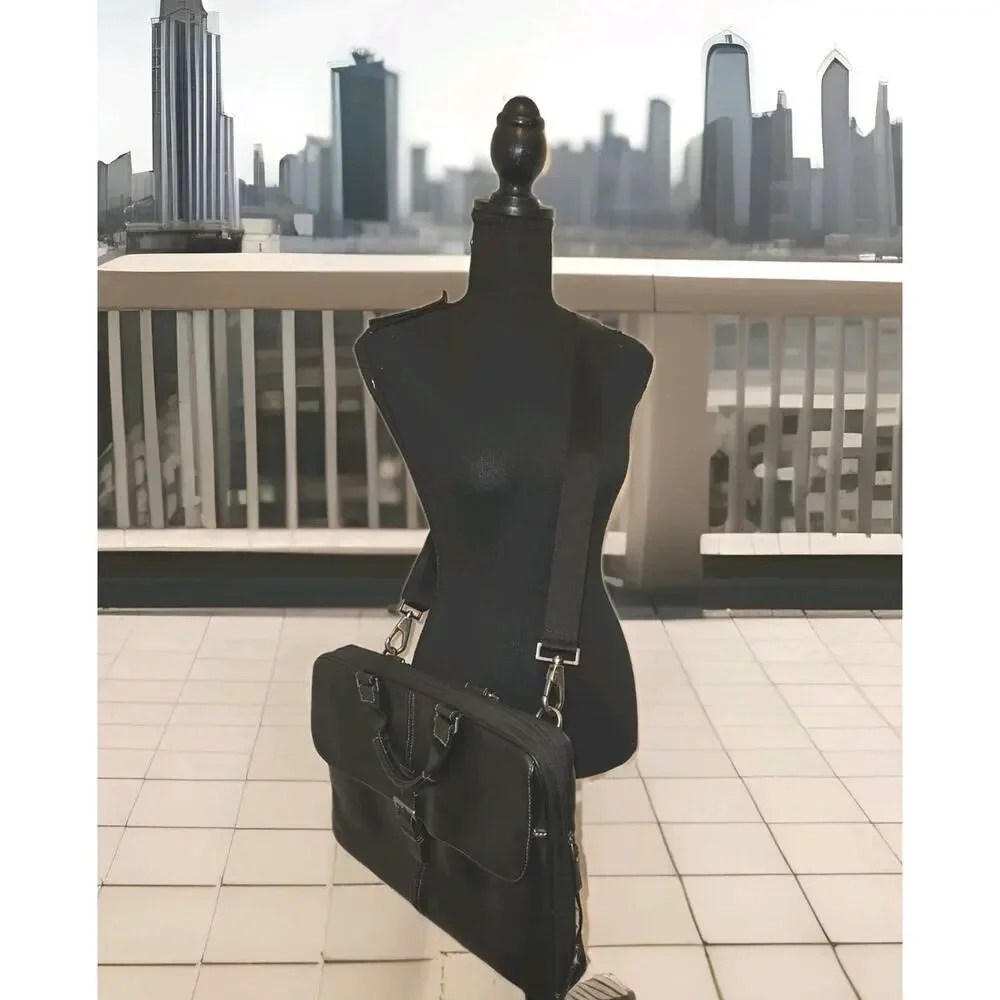 Boconi Black Tumbled Leather Messenger Laptop Bag 16x11x3.5